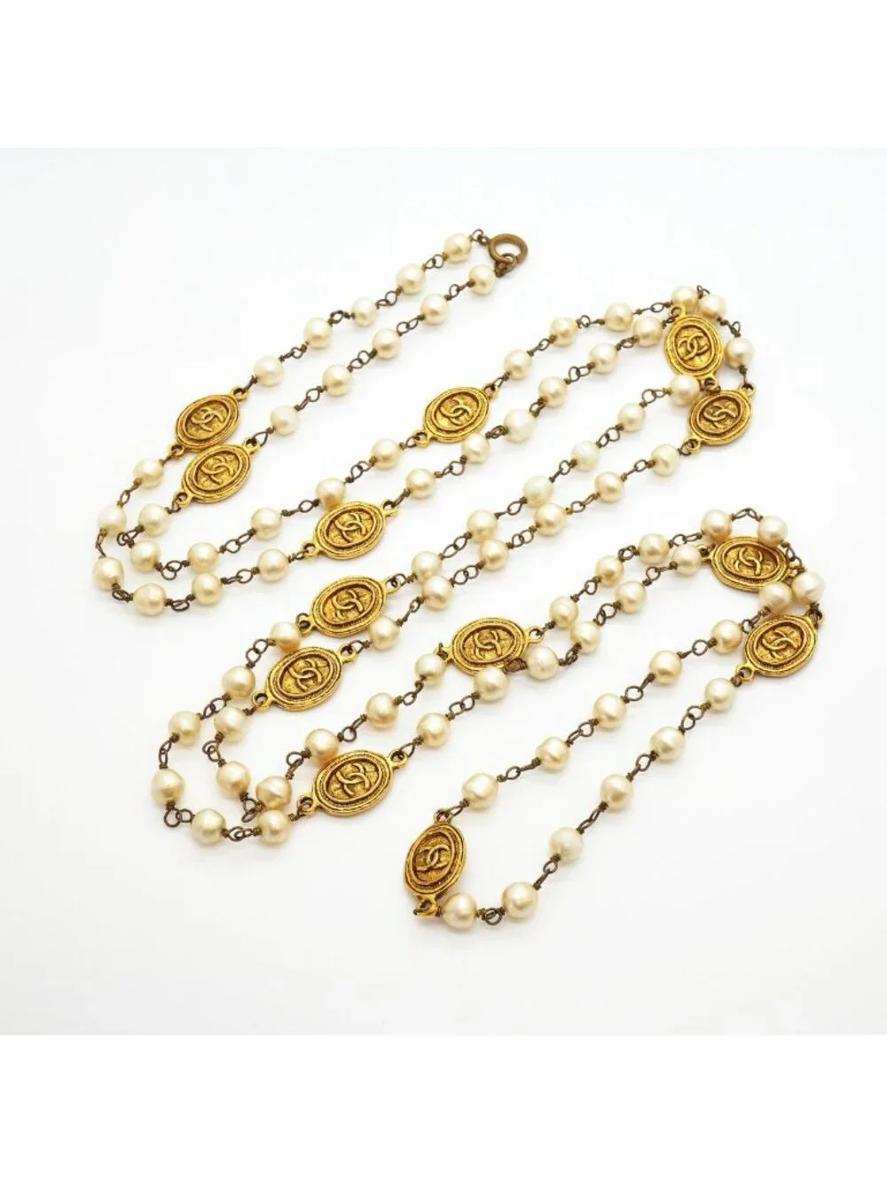 Chanel Necklace Vintage CC Logo Gold Plated Faux Pearl